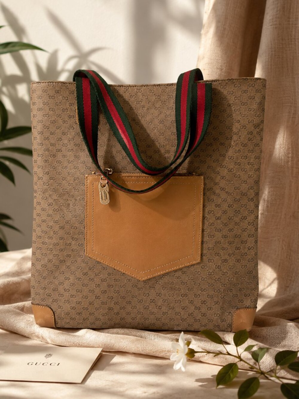 Vintage Gucci GG Canvas Tote Bag Web Stripe Handles Large Shopper Italy